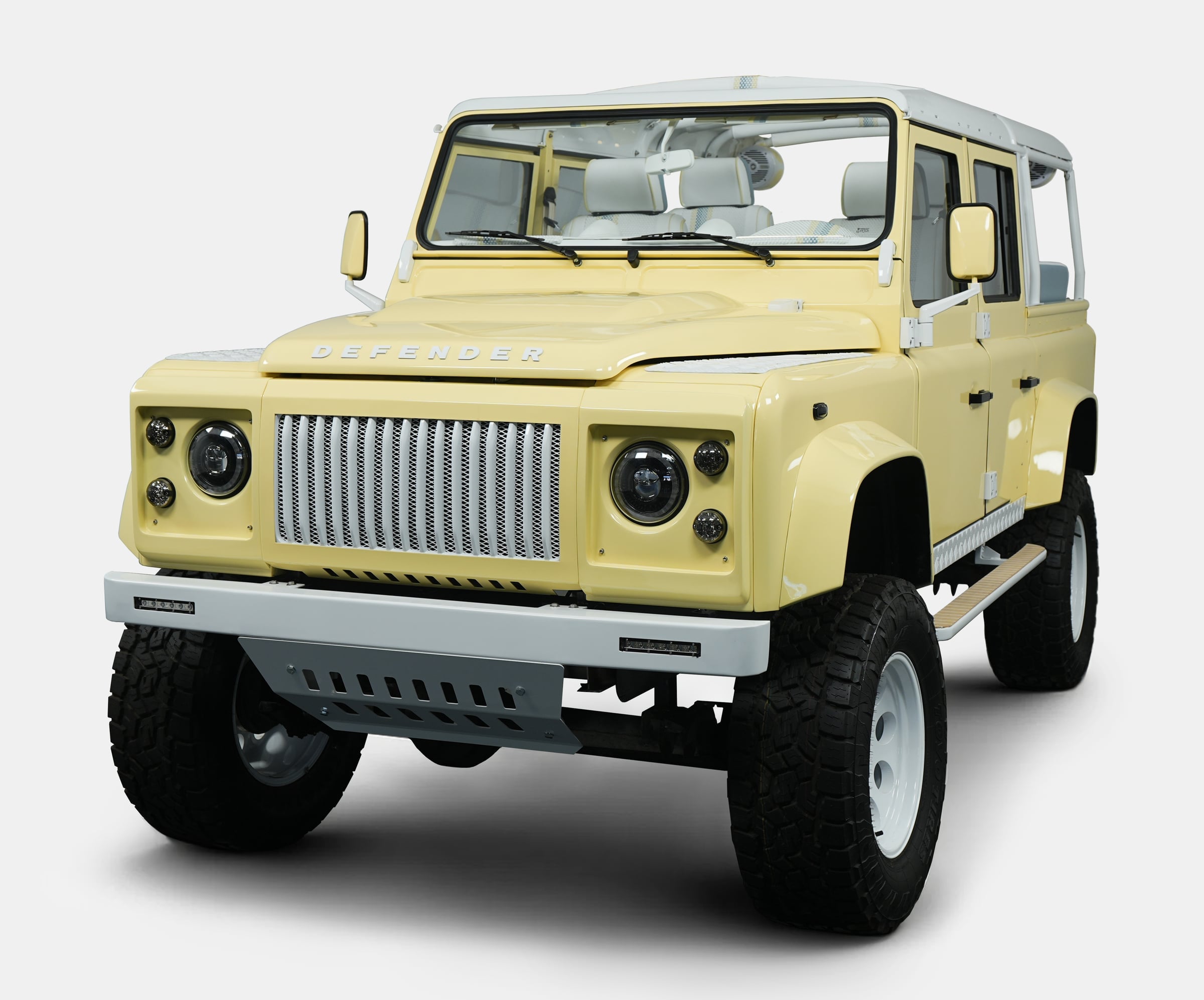 Bespoke yellow Land Rover Defender with custom features