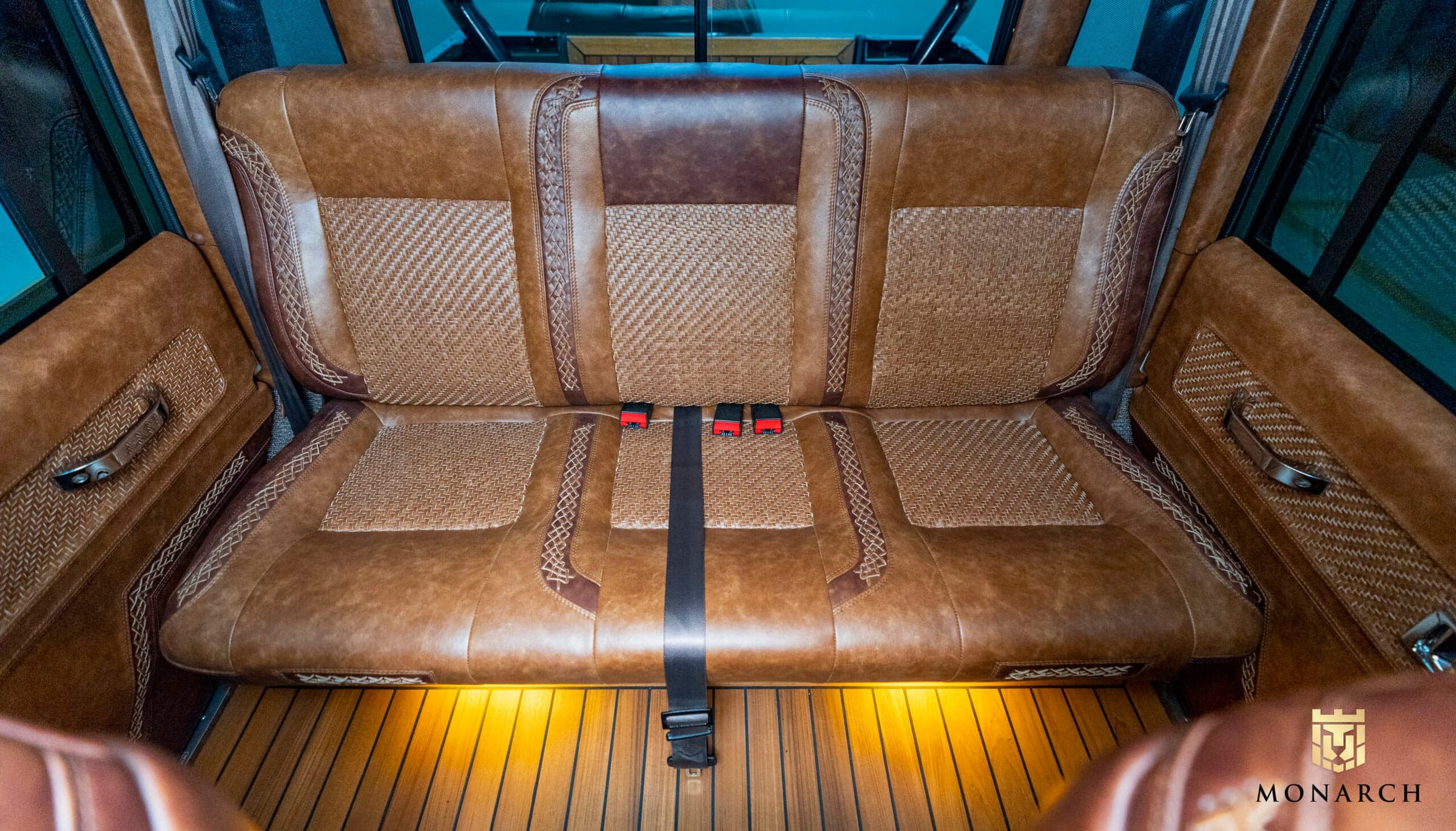 Interior Shot: Luxury Leather Seating Bespoke leather seating in a custom Land Rover Defender with intricate detailing