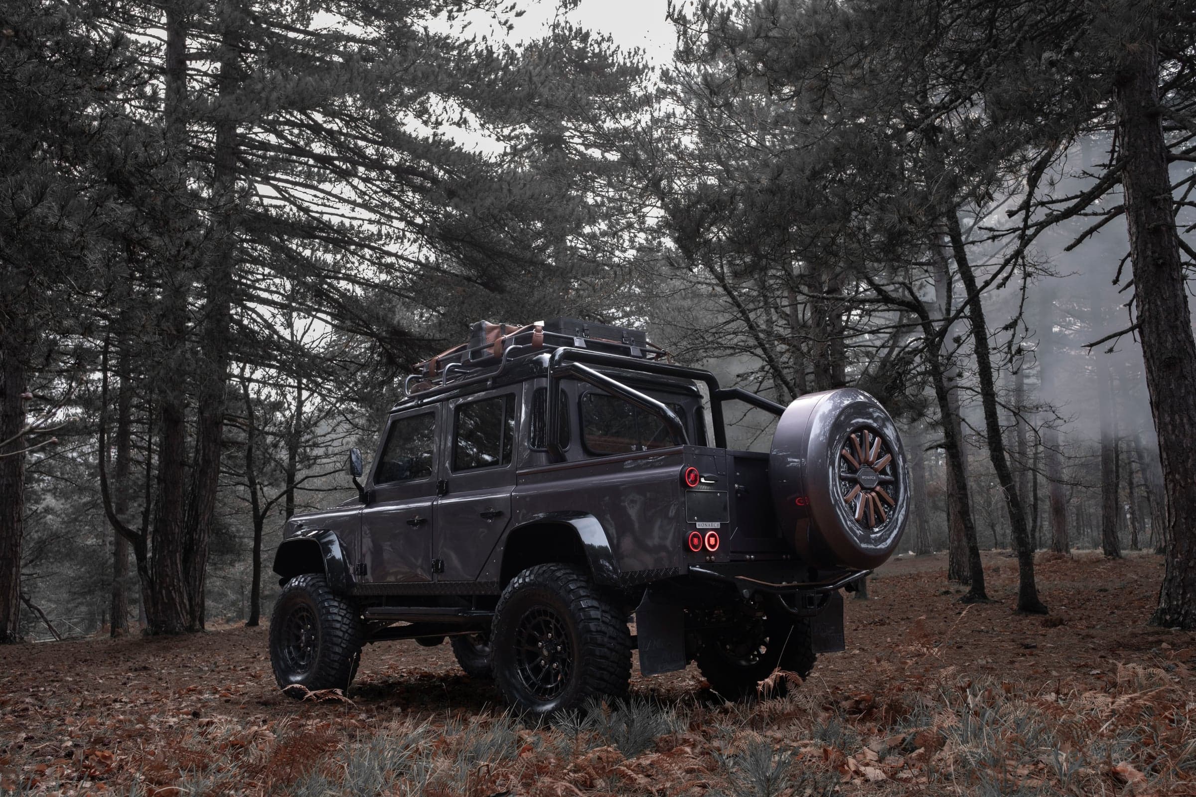 Rear View: Bespoke Land Rover Defender Rear view of a custom Land Rover Defender in a forest setting