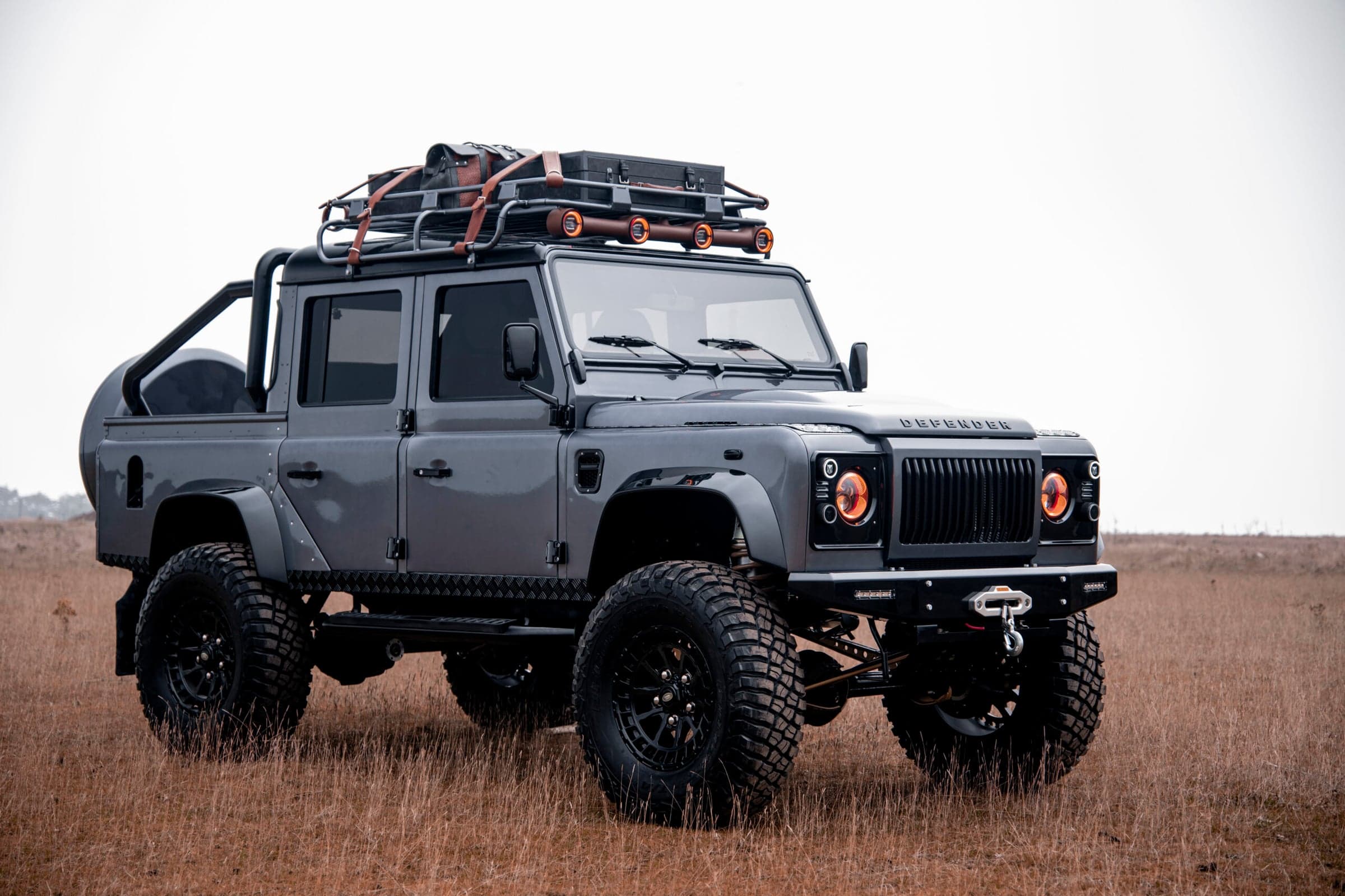 Front View: Bespoke Land Rover Defender Custom Land Rover Defender with rugged styling and off-road features