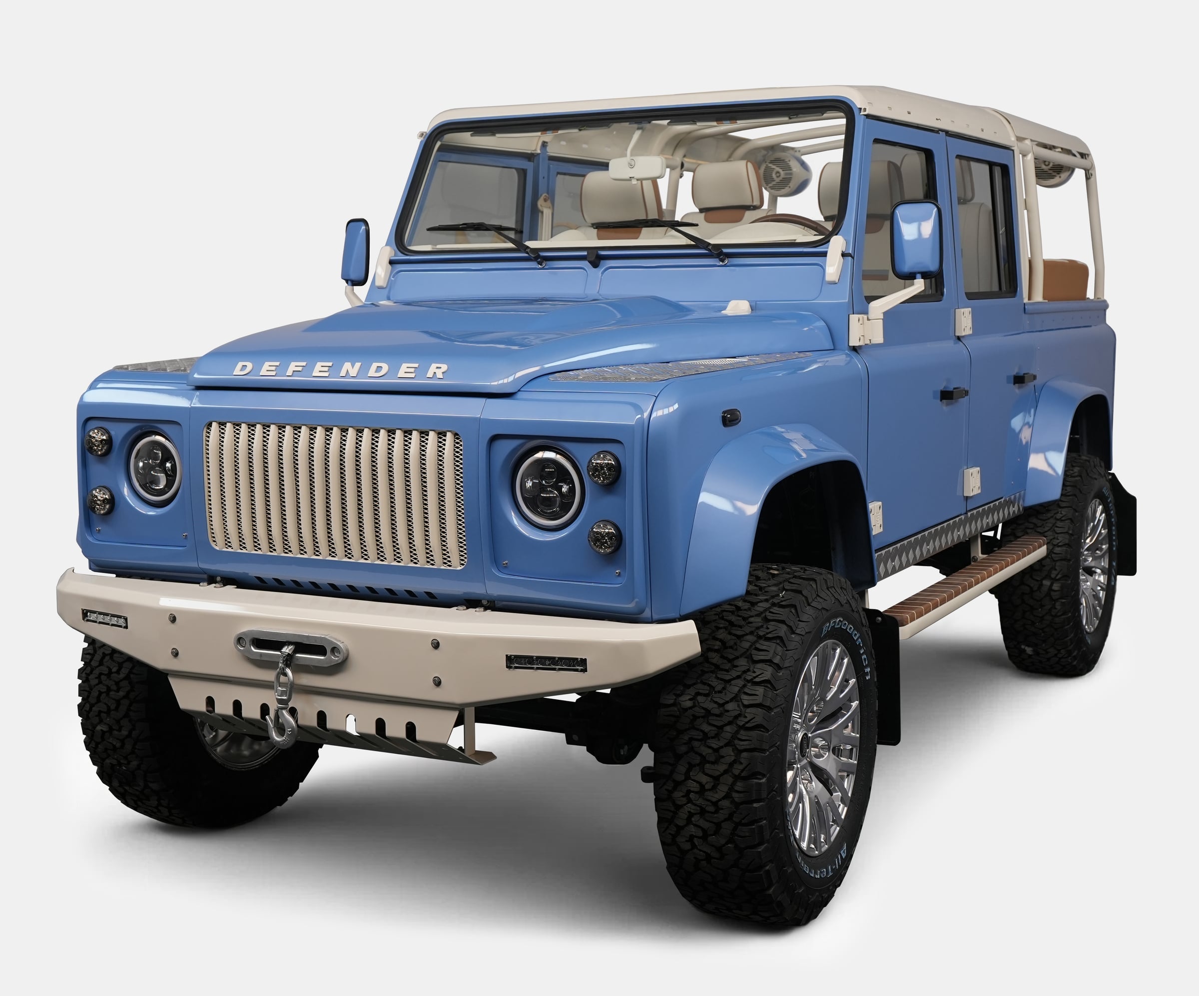 Front View: Bespoke Land Rover Defender Custom Land Rover Defender in blue with luxury features