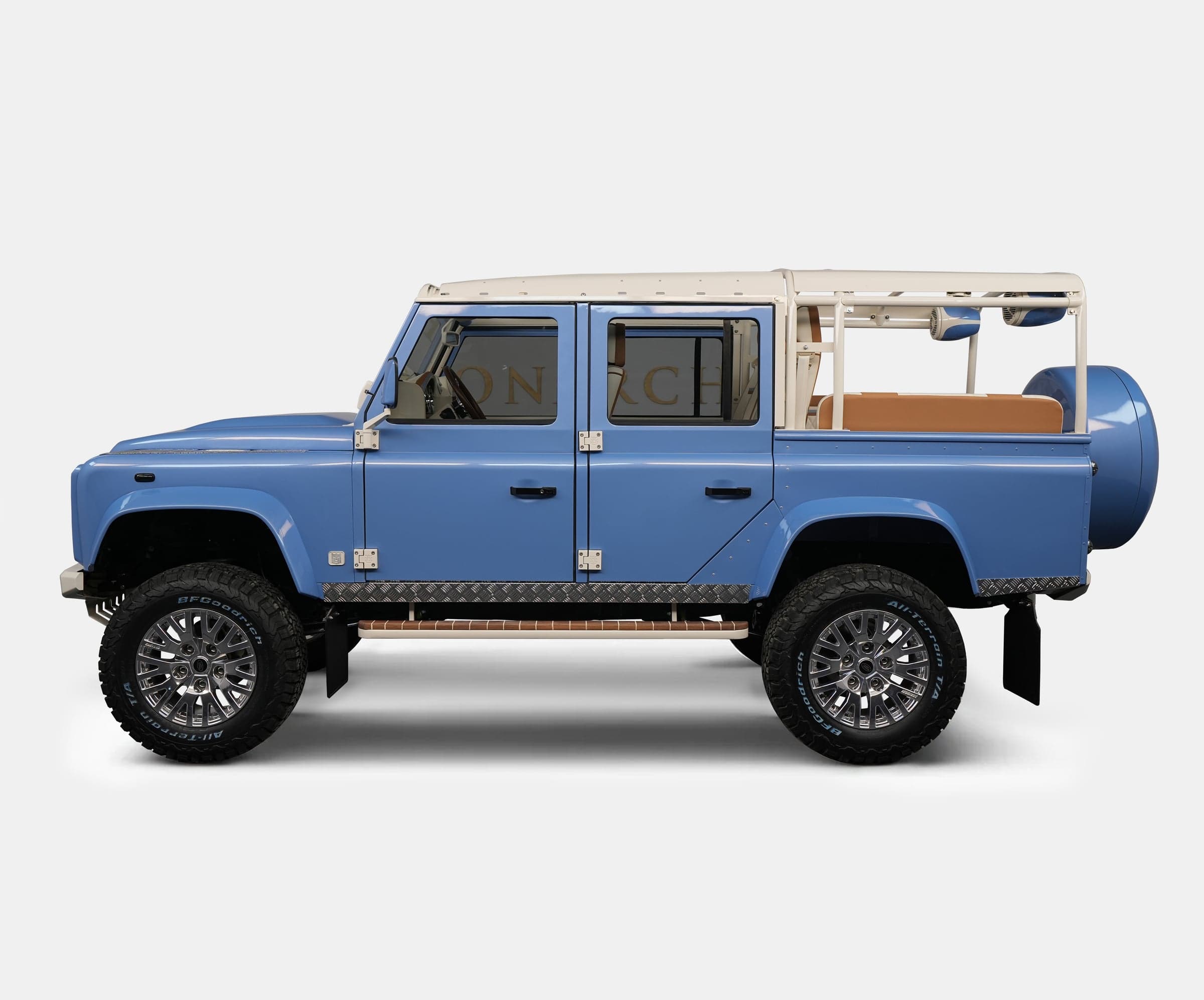 Side View: Custom Land Rover Defender Bespoke blue Land Rover Defender with a unique design